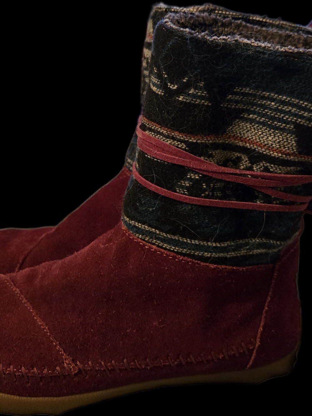 TOMS Burgundy Suede Ankle Boots, Knit Patterned Shaft. Used, Great Condition. W8 - Picture 3 of 4